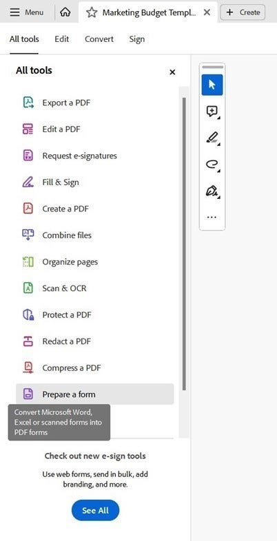 Screenshot showing the Adobe Acrobat Prepare a form tool in the menu options.