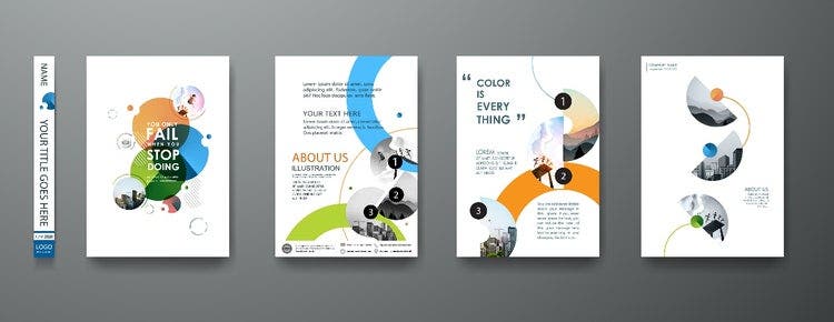 A series of four vector images showing different presentation and colour layouts in marketing and presentation materials.