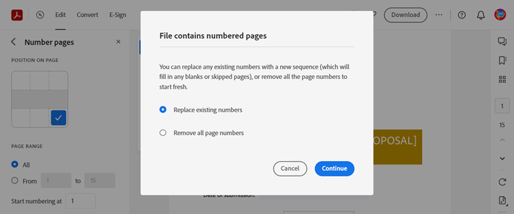 Screenshot from Adobe Acrobat Online showing the prompt to replace or remove page numbers on a PDF file.