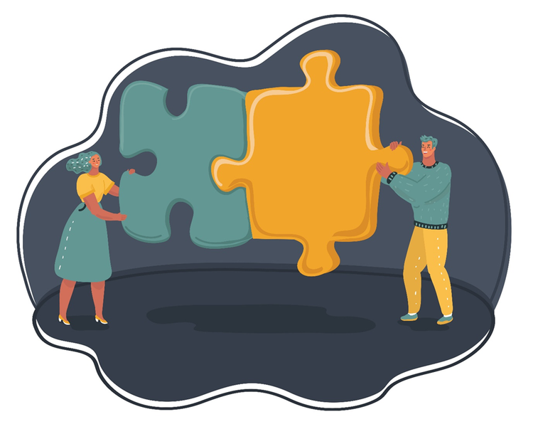 Illustration of two people holding pieces of an interlocking puzzle together.