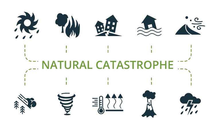 Set of icons depicting natural disasters surrounding the words "natural catastrophe". The icons include an earthquake, sandstorms, flooding, storm, and fires.