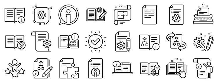 Set of 23 icons showing different types of documents - technical, informational, book format, diagrams, charts, and adjustable user settings.