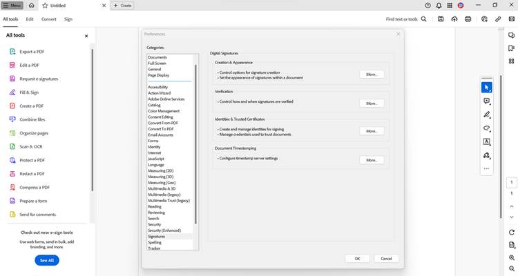 Screenshot of the Signature Preference settings window open in Adobe Acrobat.