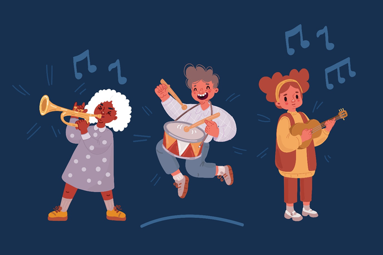 Illustration of three kids playing different musical instruments.