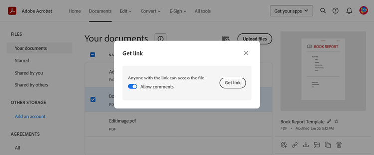 Screenshot from Adobe Acrobat Oline showing the screen to get a link to share a PDF file.