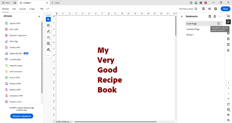 Screenshot from Adobe Acrobat Pro showing the tool for adding bookmarks to PDF pages.