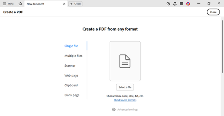 Screenshot of the options to create a PDF from any format in Adobe Acrobat Pro.