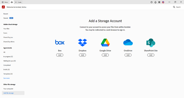 Screenshot from Adobe Acrobat showing the options to add different cloud storage accounts.