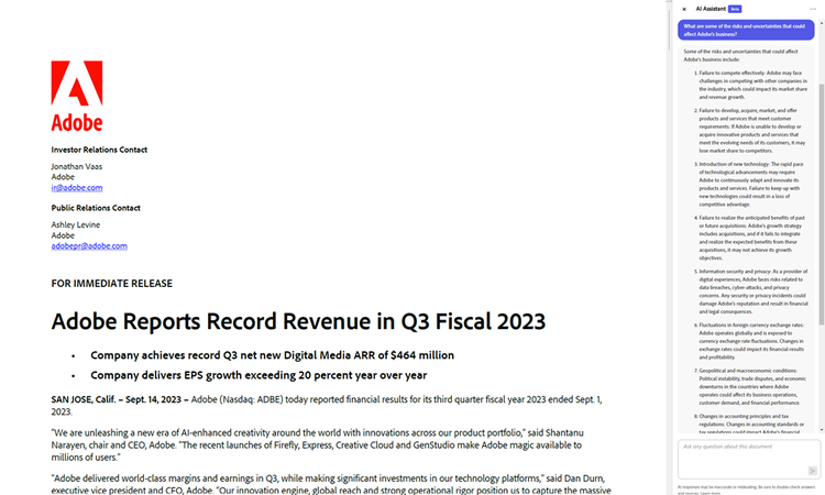 Screenshot of Adobe AI Assistant in action on Adobe's earnings press release.