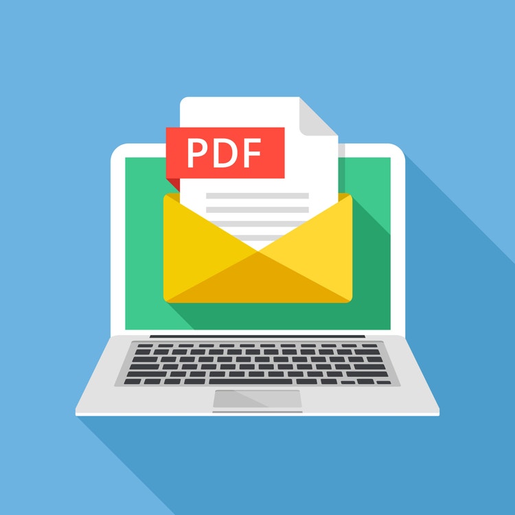 Illustration of a laptop with a PDF file in an envelope on the screen.