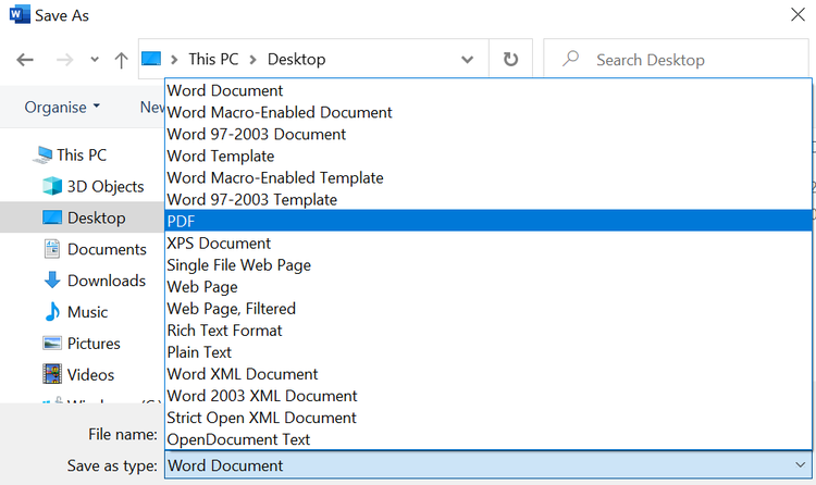 Screenshot showing how to save a Word doc as a PDF.