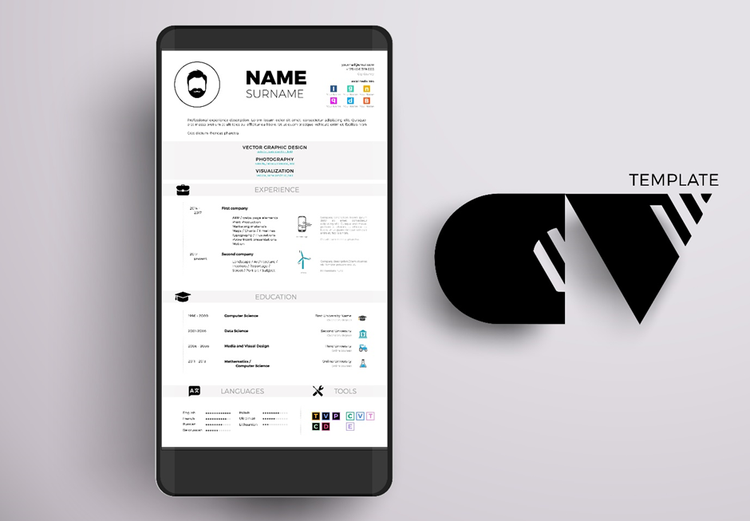 Smartphone screen showing an modern design resume/CV template.