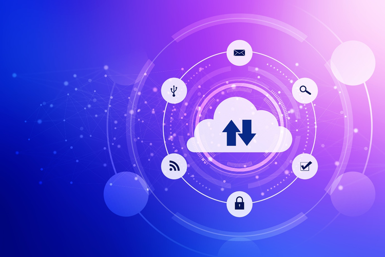 Illustration of a cloud computing and filing sharing concept with icons depicting security, searching, email, file sharing, and compliance.