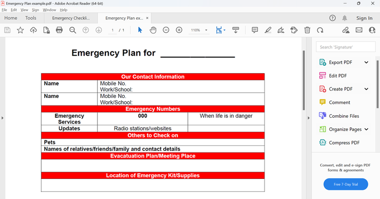 Screenshot of a sample Emergency Plan open in Acrobat Reader.