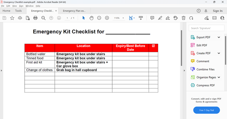 Screenshot of a sample Emergency Plan open in Acrobat Reader.