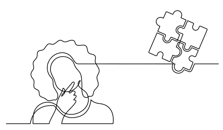 Drawing of a person thinking about ideas and how pieces of a puzzle fit together to find solutions.