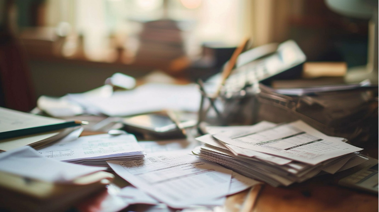 A messy desk cluttered with scattered documents, illustrating lack of organisation or management.