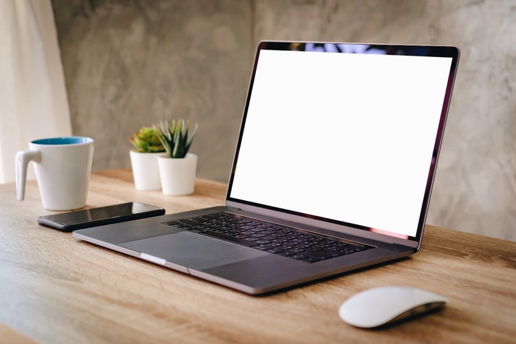 Photo of laptop on desk with mouse plants mug and phone