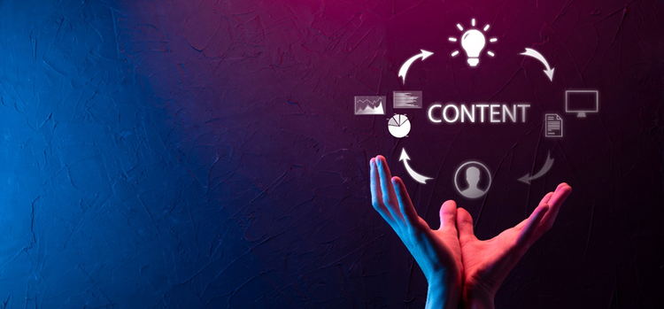 Person's hands open and holding a conceptual diagram of the content marketing cycle - creating, publishing, distributing content for a targeted audience online and analysis.