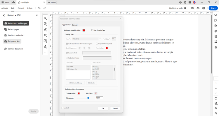 Screenshot from Adobe Acrobat Pro showing the options to set the visual properties for redacted text and images.