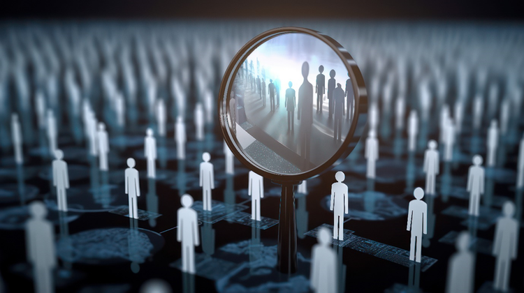 Image of multiple cut out figures in a crowd with some highlighted under a magnifying glass.