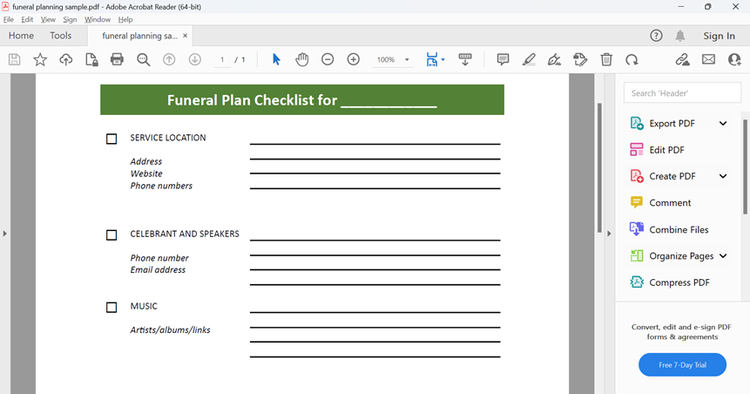 Screenshot of a basic funeral plan checklist sample open in Acrobat Reader.