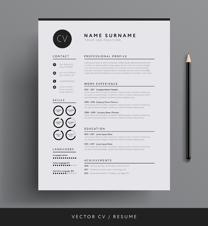 Black and white resume template with name, job position, contact details, skills, professional profile, and work experience, education and achievements in chronological order.