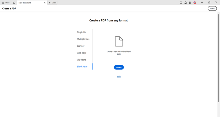 Screenshot of the screen in Adobe Acrobat for creating a new PDF file from scratch.