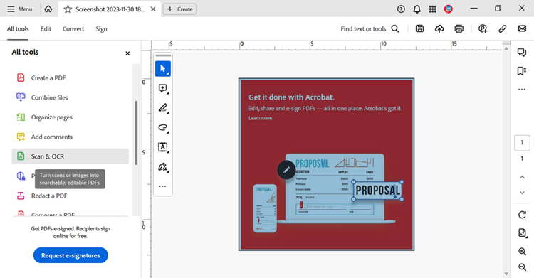 Screenshot of the Scan & OCR tool in Adobe Acrobat and an open document with an image to convert to text.