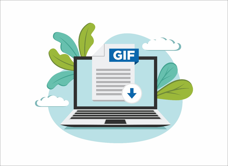 A graphic showing a computer with a 3D document that says GIF on it coming out of the screen.