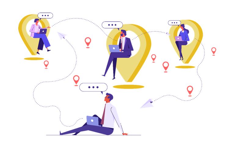 Diagram of men and women working remotely with laptops from different locations.