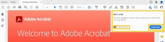 Screenshot of how to share PDF by getting a link in Acrobat.