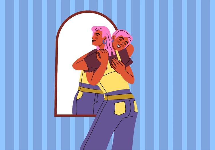 Illustration of person hugging self through a reflection in a mirror.