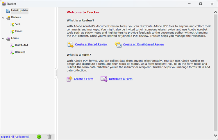 Screenshot of the Tracker tool in Adobe Acrobat.