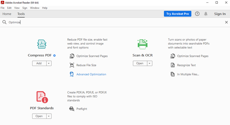 Screenshot of PDF Advanced Optimisation option on the Adobe Acrobat Reader Tools menu.
