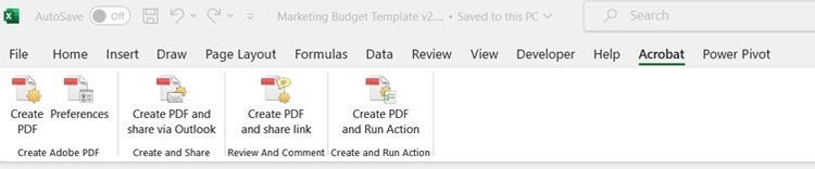 Screenshot showing the Adobe Acrobat Pro PDF menu options in Excel.