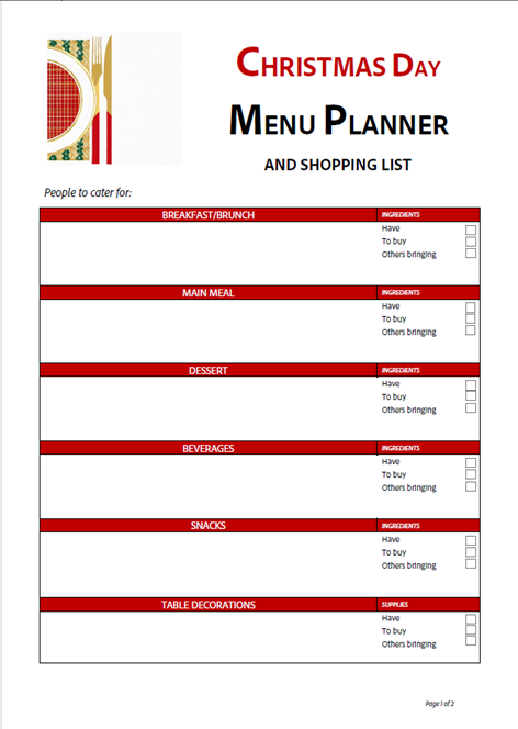 Screenshot of a free Christmas Day Menu Planner PDF template.