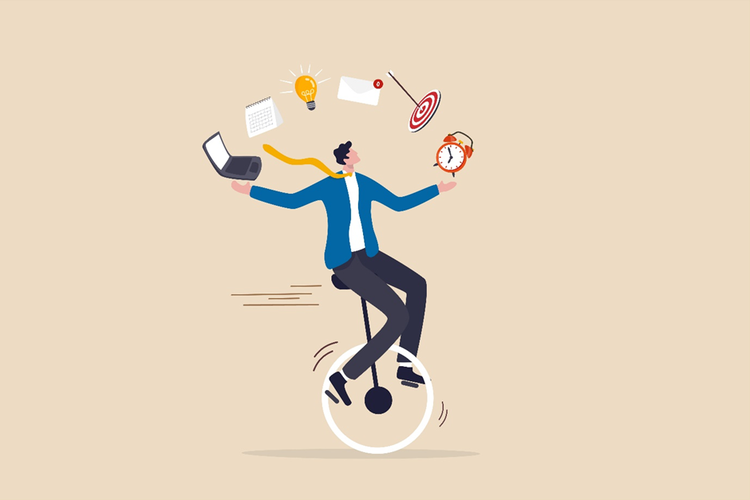 Illustration of a person on a unicycle juggling a laptop, calendar, ideas, mail, targets and deadlines.