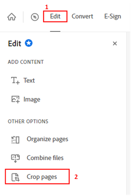 Screenshot of the editing options for PDF files in Adobe Acrobat.