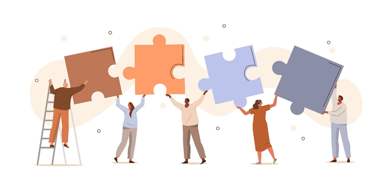 Illustration of five people hold a loft different pieces of a jigsaw that are separate, but will ultimately interlock together.
