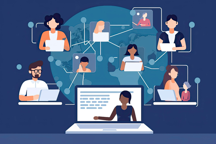 Conceptual diagram of people in different locations working on laptops and other devices.