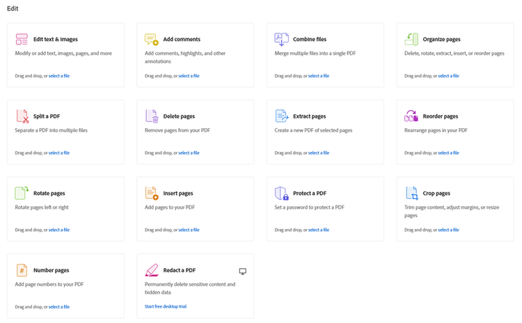 Screenshot from a free Adobe Acrobat Online account showing the tools to try the PDF online editing tools.