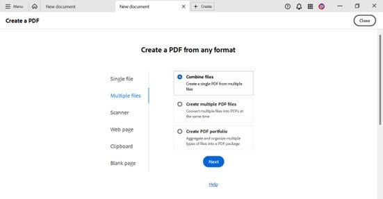 Screenshot of how to convert multiple files to PDF format in Adobe Acrobat Pro.