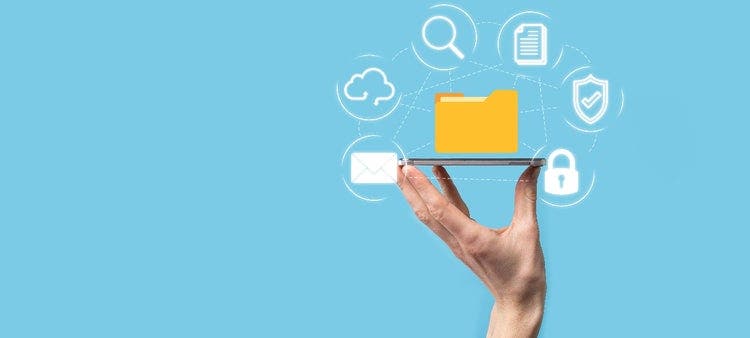 Hand holding conceptual diagram of a document management system with icons for email, cloud, searching, documents, trusted sources and digital security.