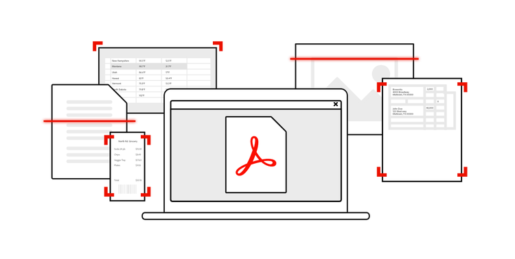 A laptop uses Adobe software to open, view and edit scanned documents using OCR.