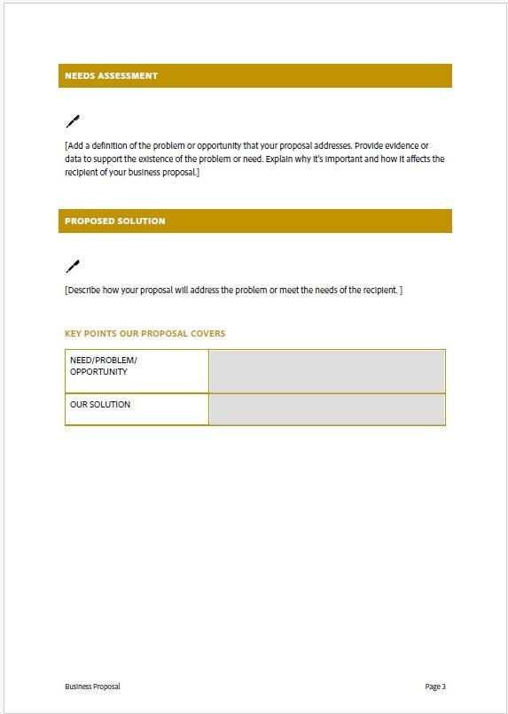 Screenshot of Needs Assessment and Solution page in free Business Proposal Template PDF.