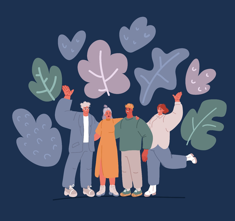 Illustration of four people standing together with their arms around each other and looking happy and successful in their collaboration.