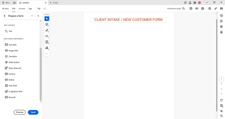 Screenshot of a blank client intake/new customer form open in Adobe Acrobat showing the form component options.