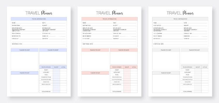 Set of three travel planner templates in different colours.