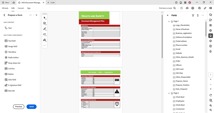 Screenshot of a form template open in Adobe Acrobat with the menu options on the left and right for adding and adjusting form fields.